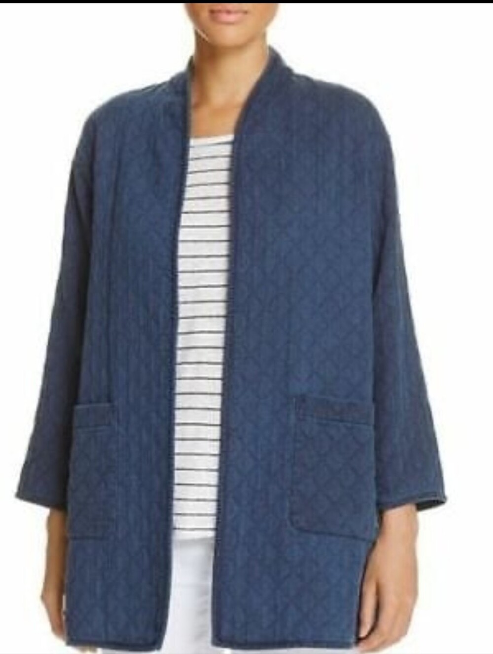 Eileen Fisher Quilted Open-Front  Cotton Jacket - Blue Sz.S/P